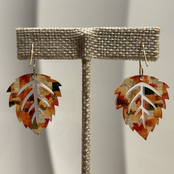 NEW Handmade Colorful Acrylic Leaf Dangle Earrings Autumn Print Lightweight Fall - Picture 4 of 5